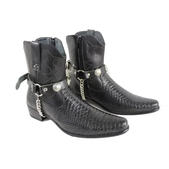 Men Boots Chains Pair Black Faux Leather Strap Native American Charm Motorcycle